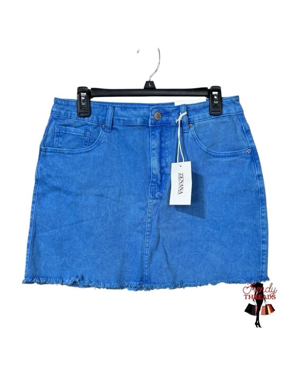 65 Zenana NEW LARGE Denim Mini Skirt Classic 5-Pockets Blue Raw Hemline Auction
